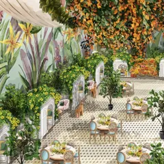A look into our design process. These concept sketches show how we envision transforming a conventional ballroom into a charming space with an al fresco feel, complete with color options and detailed layouts.