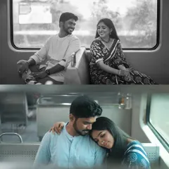A collage showing two different moods from the train shoot. The top black and white photo is light and joyful, while the bottom color photo is more serene and intimate. This shows the range of emotions we can capture in one session.