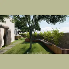 A glimpse of a nature-inspired terrace makeover. This design uses natural stone, wooden planters, and lush greenery to create a seamless transition between the built environment and the outdoors.