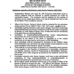 These are the detailed guidelines for sports category admissions. It covers key points like eligibility, the 5% marks relaxation clause for exceptional players, and the commitment to play for the university for at least one year.