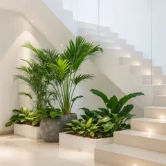 A clean, minimalist staircase is beautifully accented with built-in planters. The lush green foliage of the Areca Palms and other plants adds a touch of organic softness to the modern architecture.