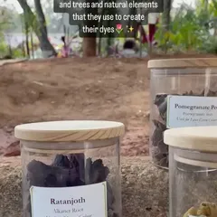 A glimpse into our natural dye pantry. We use ingredients like Ratanjoth root, Pomegranate peel, and Turmeric, many of which are grown right here in our studio gardens, to create our palette of organic colors.