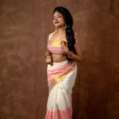 A full view of my experimental drape. This look combines a traditional saree with a modern, bandeau style pallu, showing how versatile draping can be.