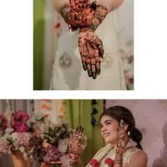 The beautiful bride Harshita, overjoyed with her intricate bridal mehendi. The rich, dark stain is a sign of deep love and the quality of my organic henna.