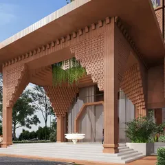 A close-up of the grand entrance, where intricately detailed pillars and arches create a powerful sense of arrival. The design is a modern interpretation of traditional temple architecture.