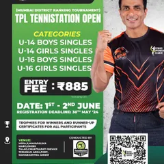 The announcement for TenniStation Open (Season 13), a Mumbai District Ranking Tournament for U-14 and U-16 players. Trophies are awarded to winners and certificates to all participants.