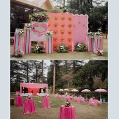 A diptych of the vibrant pink decor for a Mehandi or Haldi function. The setup shows a fun, modern take on traditional wedding decorations.