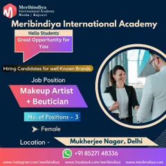 Another great opportunity for our students. We are hiring for a Makeup Artist and Beautician role in Mukherjee Nagar, Delhi.