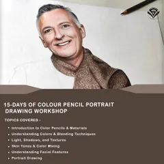 This graphic outlines the core topics covered in the colour pencil workshop. We start with an introduction to materials and move through blending, understanding light and shadow, mixing skin tones, and finally, completing a full portrait.