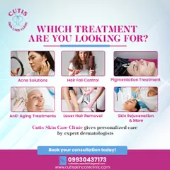 A menu of our diverse services, asking clients which treatment they are looking for. It showcases our capabilities in acne solutions, hair fall control, anti-aging, laser hair removal, and more.