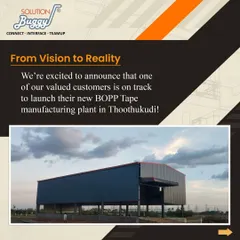 From an empty plot to a fully functional BOPP tape manufacturing plant in Thoothukudi. This image shows a project in progress, demonstrating our capability to manage greenfield projects and build industrial infrastructure from the ground up.