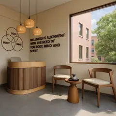 Natural light and clear messaging are key in a wellness reception. We designed this space with a large window and a simple, powerful quote on the wall to create an open, honest, and calming first impression.