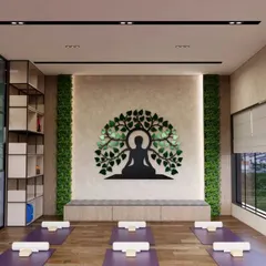 For this yoga studio, I designed a space that promotes tranquility and focus. The centerpiece is the custom Bodhi tree wall art, flanked by green wall panels to bring nature indoors. The clean lines, warm wood flooring, and ample space for mats create a functional and peaceful environment for practice.
