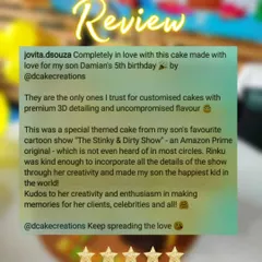 A glowing 5-star review from a happy mom who trusted me with a unique cake theme for her son's 5th birthday. I love bringing one-of-a-kind ideas to life.