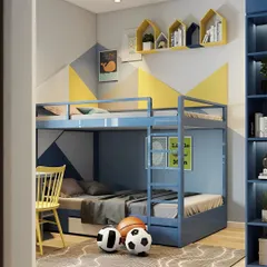A vibrant shared bedroom for kids with a blue metal bunk bed. The room is decorated with a geometric yellow and blue accent wall and has ample space for play.