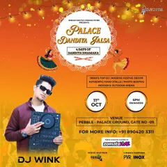 Here is the poster for the 'Palace Dandiya Jalsa' at Pebble, Palace Ground. I am experienced in playing for large-scale, multi-day festive events with top DJs and massive decor.