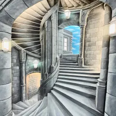 A fantastical architectural illusion featuring a grand spiral staircase. The design plays with impossible perspectives and a glimpse of a bright blue sky, creating a dreamlike and intriguing piece that sparks the imagination.