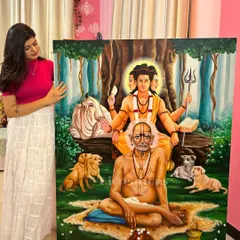 Standing next to my completed Swami Samarth canvas. This photo gives a sense of the painting's large scale and the personal connection I feel to creating such significant spiritual art.