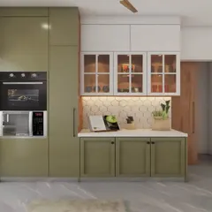 Another view from the same 3D design, this one shows the tall unit with an integrated oven and microwave, demonstrating how I plan for appliance placement right from the design stage.