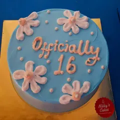 Here's a simple and sweet cake to celebrate a 16th birthday. The light blue frosting is decorated with hand-piped daisies and the message 'Officially 16' in a lovely script.