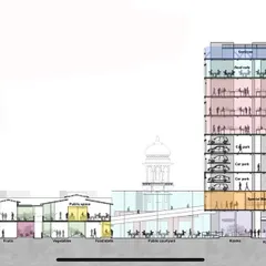 A sectional drawing of our Russell Market proposal, illustrating how new functions like parking and retail are layered with the existing public market, creating a vertically integrated urban space.