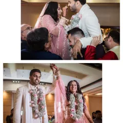 The Varmala ceremony, where the couple is lifted on shoulders, and a triumphant moment of them holding hands after.