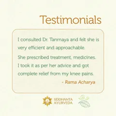 Rama Acharya found complete relief from her knee pains by following the prescribed treatment and medicines. Her experience reflects my approachable and efficient method of care.
