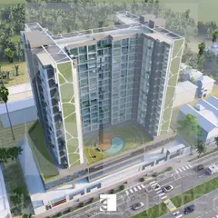 An aerial view of a competition proposal for a large residential complex. This design incorporates vertical green panels on the facade, introducing a sustainable and biophilic element to the high-rise structure.