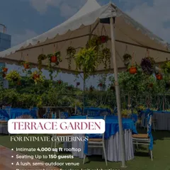 This graphic details the Terrace Garden's features, an intimate 4,000 sq ft rooftop that seats up to 150 guests, perfect for mehendi, engagements, and baby showers.