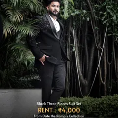 A sharp black three-piece suit set, perfect for a black-tie event or a formal reception. Rent it for just ₹4,000.