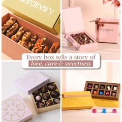 Every box tells a story of love, care, and sweetness. This collage showcases our beautiful packaging for our artisanal chocolates, from bonbons to barks.