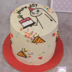 A fun and trendy meme cake for a 25th birthday. These simple, hand-drawn designs are always a hit.