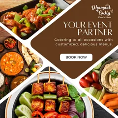 This graphic serves as my commitment to being your perfect event partner. It showcases a collage of my diverse catering offerings, from paneer tikka and chilli paneer to fresh mezze platters, highlighting my ability to customize menus for any occasion.