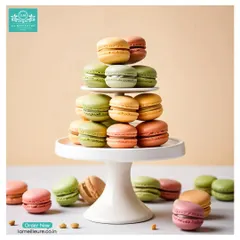 A tower of our classic French macarons, showcasing the vibrant, natural colours and perfectly smooth shells. Each one is a small bite of Parisian heaven, available in a variety of delicate flavours.