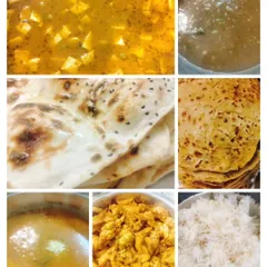 A glimpse into the components of our daily meal thalis. This collage shows our freshly made paneer curry, dal, fluffy rice, soft parathas, and a dry vegetable sabzi. We ensure every meal is a balanced and complete plate of food.