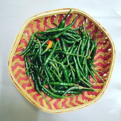 A basket full of freshly picked green chilies. This is part of our weekend harvest, ready to add some spice to our clients' dishes.