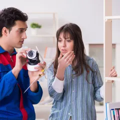 Our process includes a consultation to understand your specific security needs. Here, a technician explains the features of an indoor camera to a client, ensuring they get the right solution for their home.