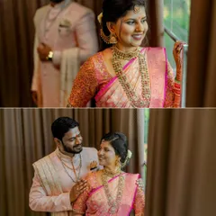 A collage of candid and posed shots of the engaged couple by a window, using natural light to create a soft, romantic feel.