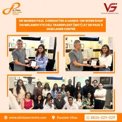 Here I am with participants from a hands-on workshop on Melanocyte Cell Transplant (MCT). Providing practical training to other doctors ensures that more patients have access to advanced and effective vitiligo treatments.