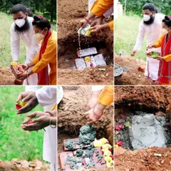 A collage from the Bhoomi Puja ceremony for our spiritual centre. This was the sacred beginning, where we laid the foundation with prayers and rituals for this important project.