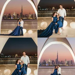 A collage showcasing a glamorous evening shoot in Dubai. The couple is framed by a modern archway with the glittering city skyline and Burj Khalifa creating a spectacular backdrop.