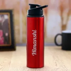 This vibrant red sipper bottle comes with a convenient flip-top lid. Personalize it with a name, like "Himanshi," for a practical and thoughtful gift.