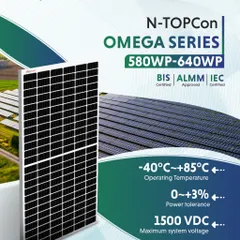 The N-TOPCon Omega Series is engineered for extreme conditions, operating flawlessly from -40°C to +85°C. With BIS, ALMM, and IEC certifications, these 580WP-640WP modules are the definitive choice for high-voltage utility and industrial projects that demand absolute reliability.