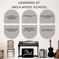 An infographic detailing the benefits of learning at my school, with a bass guitar pictured. I teach students to groove with the bass, focusing on rhythm and the low end love.