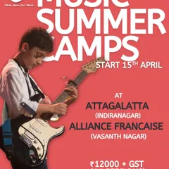 Here are the hard facts for our Music Summer Camps. This poster lays out the locations, start date, and price for our 16-session program. We've got spots in Indiranagar and Vasanth Nagar for kids aged 6 and up.
