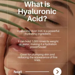 What is Hyaluronic Acid? This graphic explains that it's a powerful hydrating ingredient that can hold 1,000 times its weight in water, making it great for plumping skin and reducing fine lines.