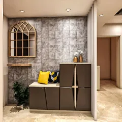 This entryway unit combines shoe storage with a comfortable seating bench. The modern, geometric door design adds a stylish touch right at the entrance of the home.