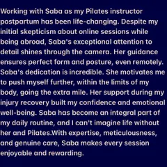 This golden feedback from my overseas client in the USA highlights the power of postnatal Pilates, even online.