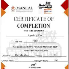 The official proof of a fantastic achievement. This certificate shows a third-place category rank in the Manipal Half Marathon, a testament to her hard work.