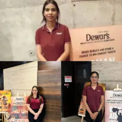 We celebrate the talented women on our team. Here, our female brand ambassadors are featured during a promotional event for Dewar's, showcasing their professionalism and contribution to our success.